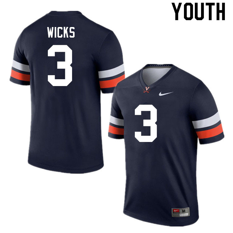 Youth #3 Dontayvion Wicks Virginia Cavaliers College Football Jerseys Sale-Navy